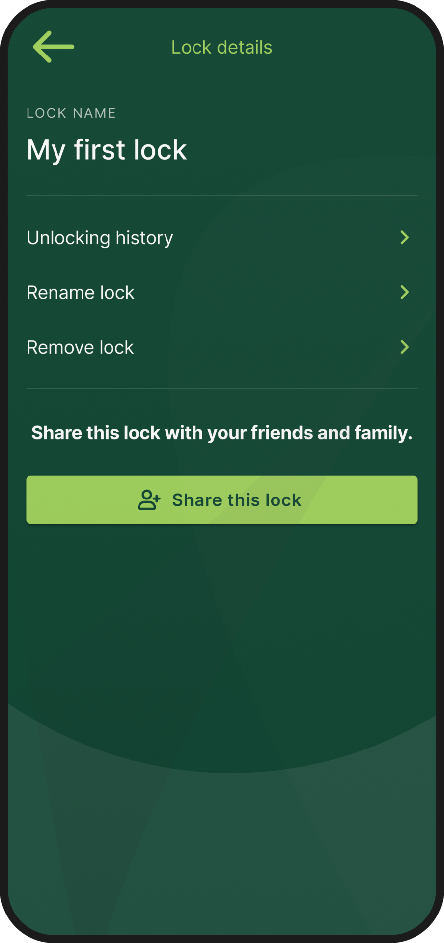 The sharing function of the Serea app: The screen shows the user the option of sharing their lock via a button.