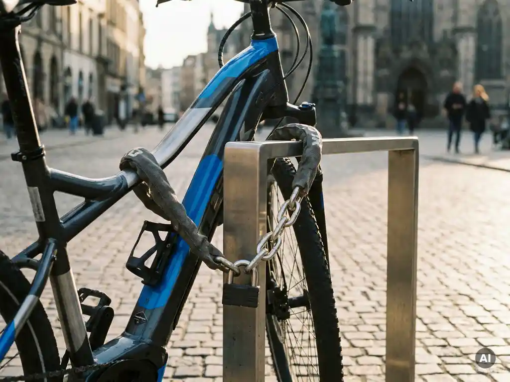 Premium-E-Bike mit gehärtetem Kettenschloss an urbanem Fahrradständer auf Kopfsteinpflaster gesichert.