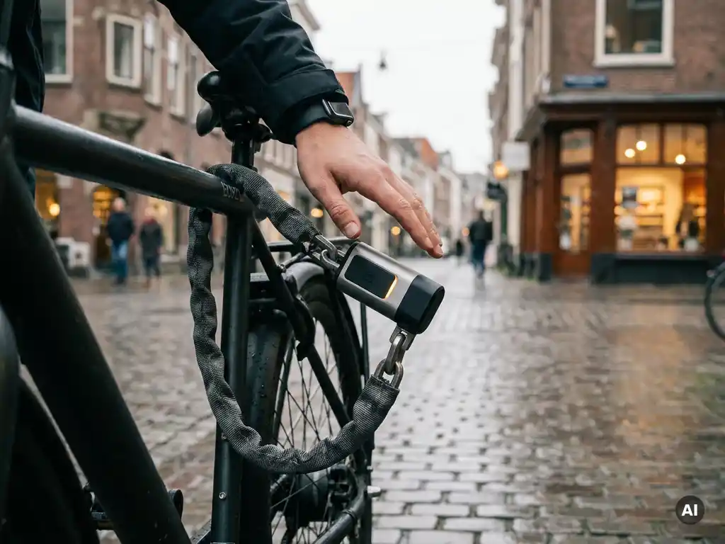 Slimme fietsslot van gehard staal om een fietsframe, hand nadert voor NFC-ontgrendeling op kasseienstraat.
